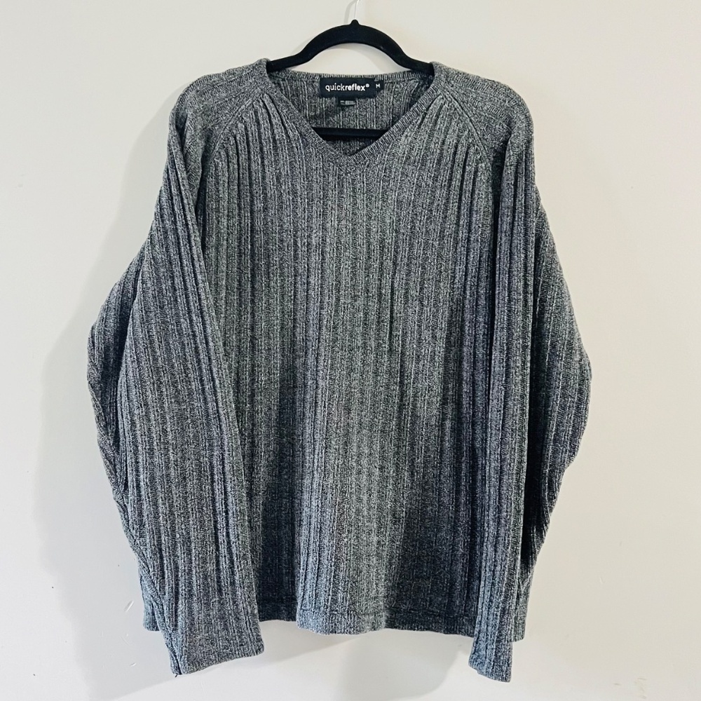 Quick Reflex Sweater Ribbed Dark Grey Size Medium V-Neck Pullover 90’s Y2K Fall